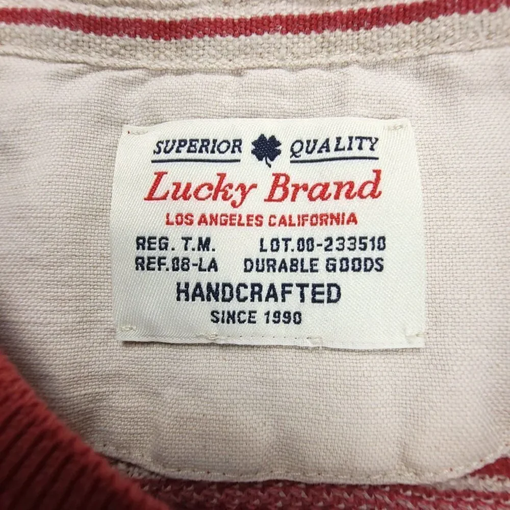 LUCKY BRAND 90s Handcrafted Knit Henley Sweater Mens Large Red Vintage Stripe - Picture 2 of 9
